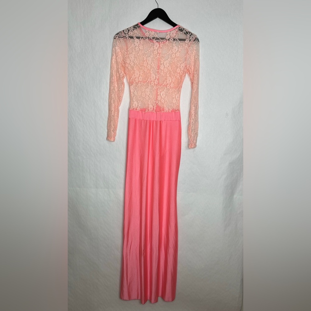 Vintage Sheer Lace Long Sleeve Maxi Dress Flamingo Pink Size Medium Romantic - Picture 9 of 10